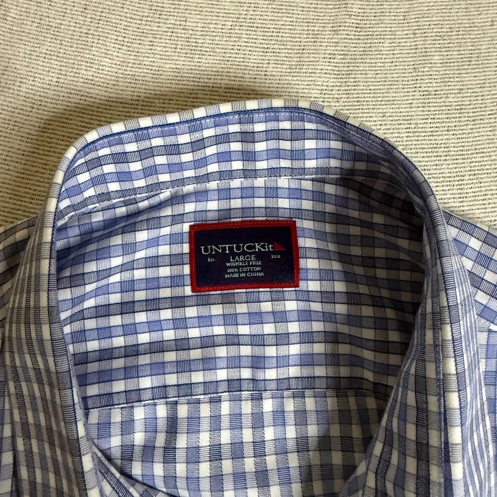UNTUCKit Button Down Shirt Mens Large Blue Gingham Wrinkle Free Short Sleeve